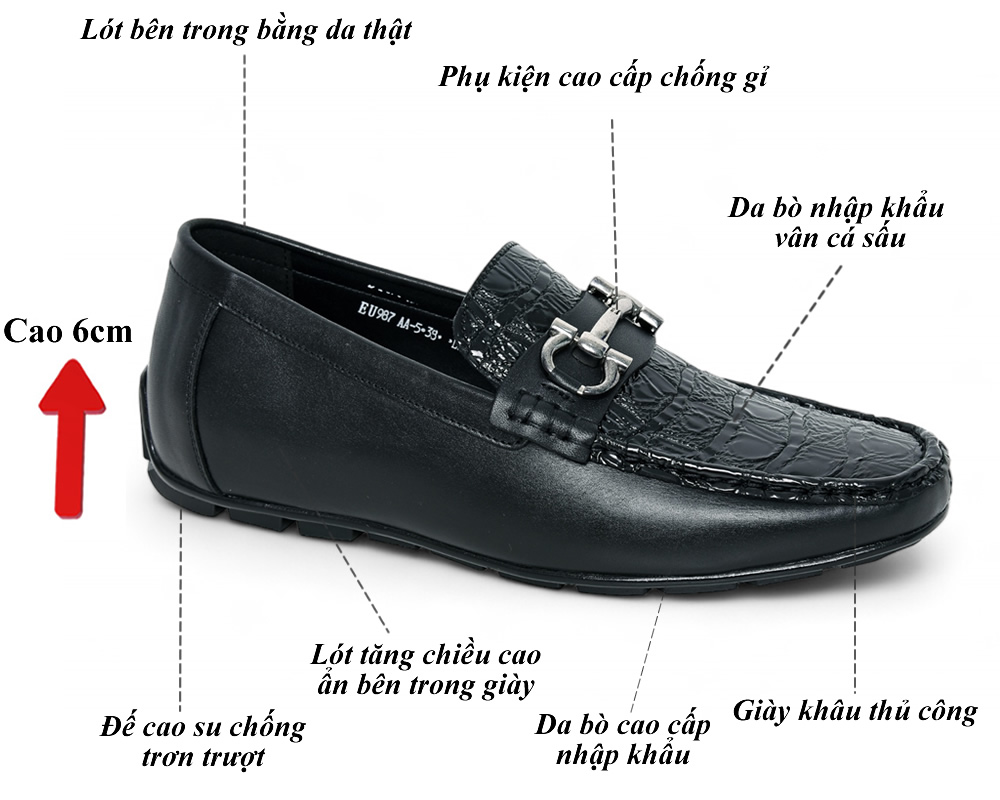 Giày mọi nam cao 6cm vân cá sấu