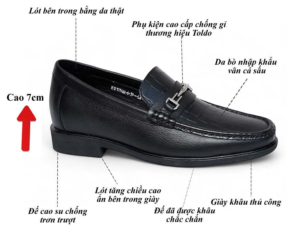 Giày nam tăng 7cm đế khâu