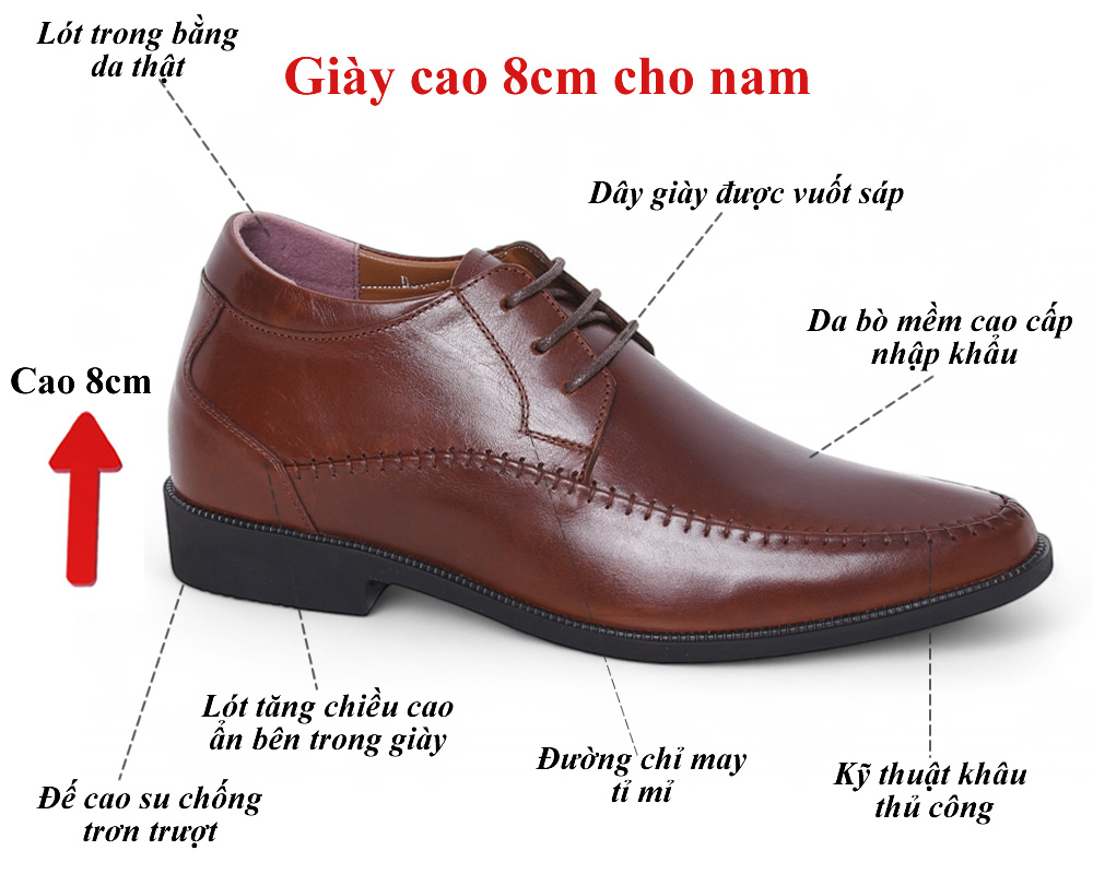 Giày khâu nam tăng 8cm chiều cao