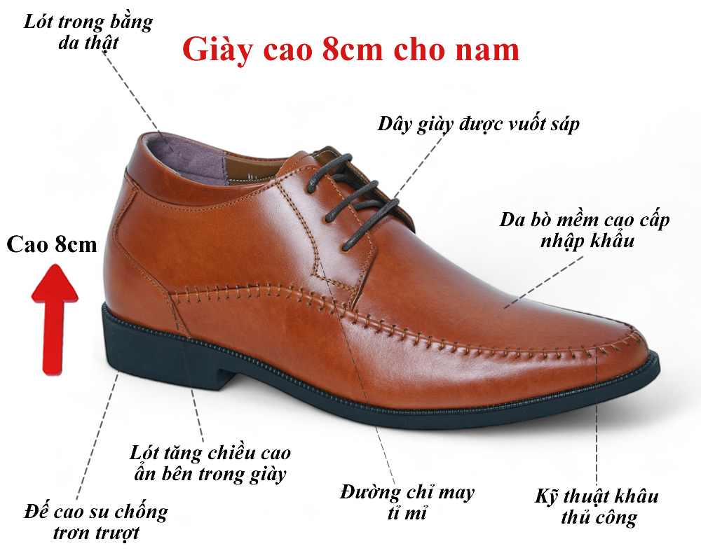 Giày khâu tăng 8cm chiều cao da thật