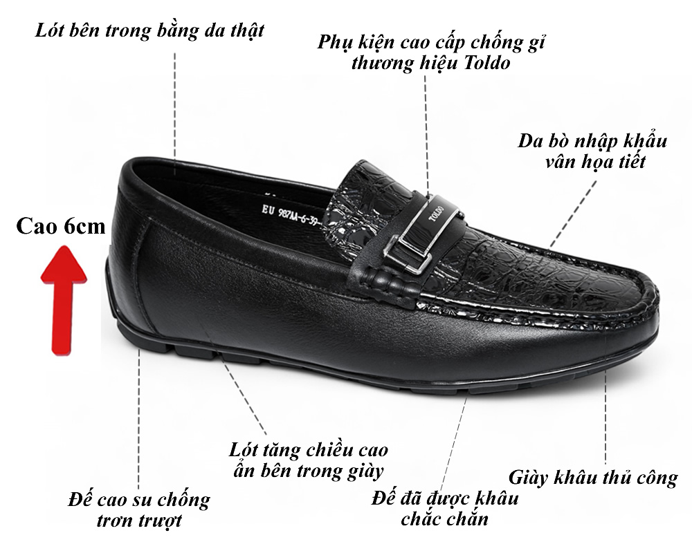 Giày mọi nam cao 6cm vân cá sấu