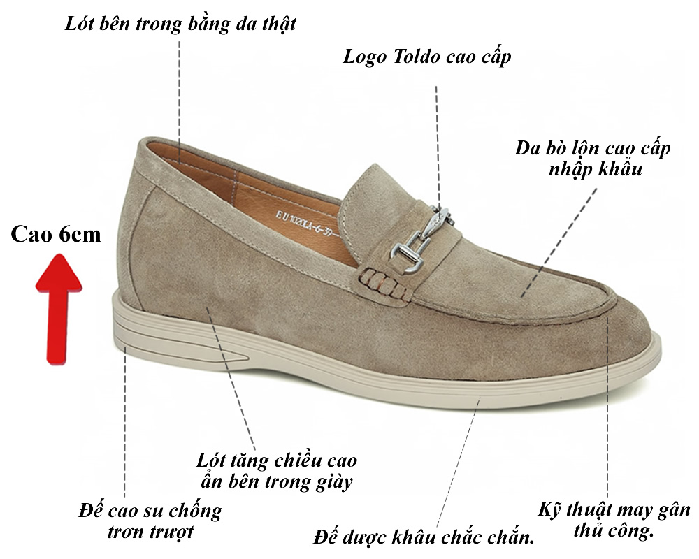 Giày cao nam 6cm da lộn mềm đế khâu