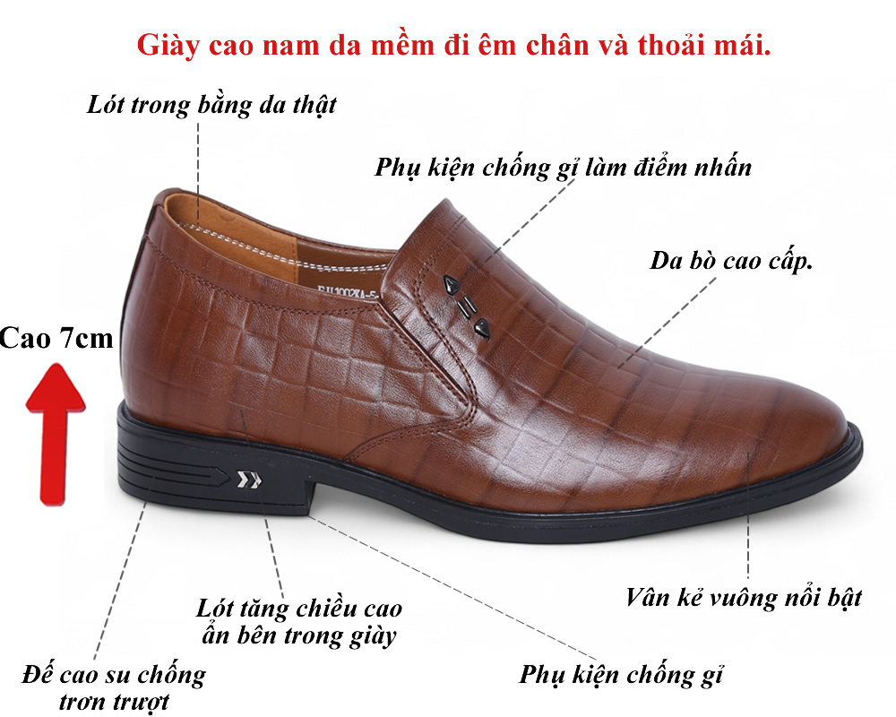 Giày cao nam 7cm nâu sần