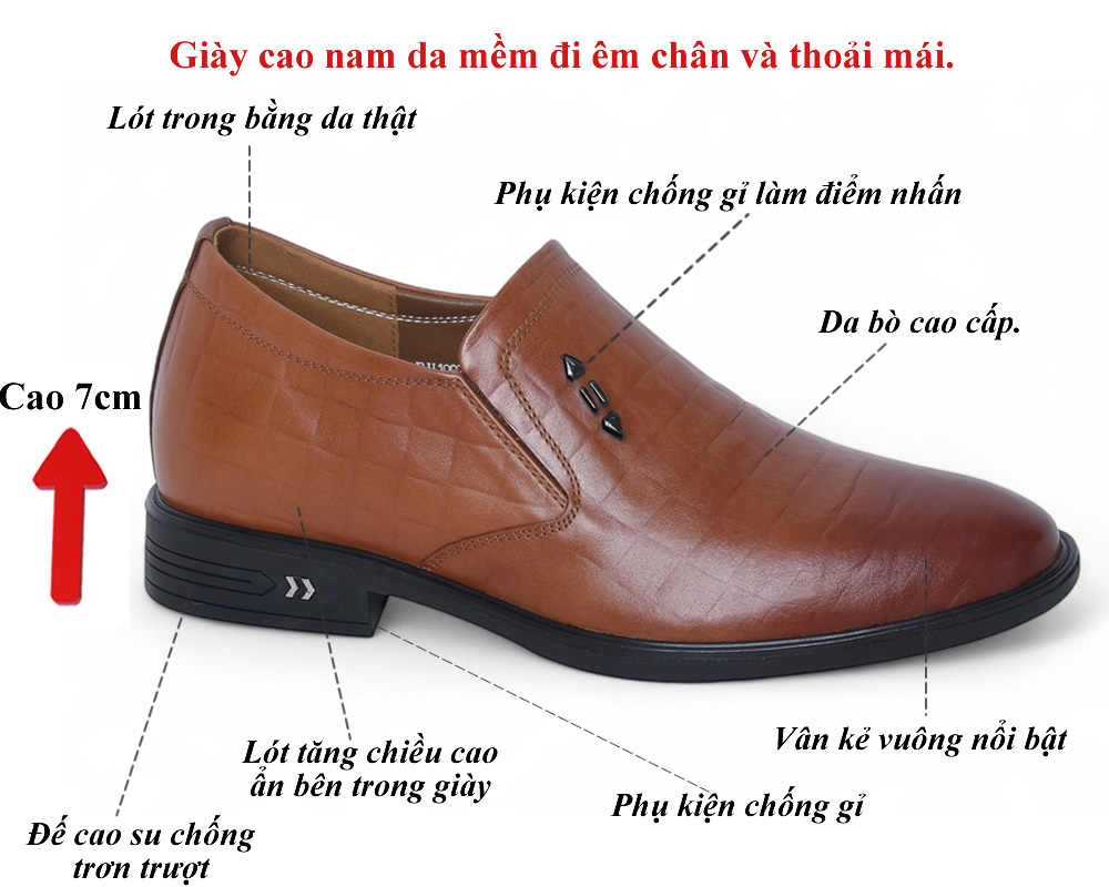 Giày cao nam 7cm màu nâu bò