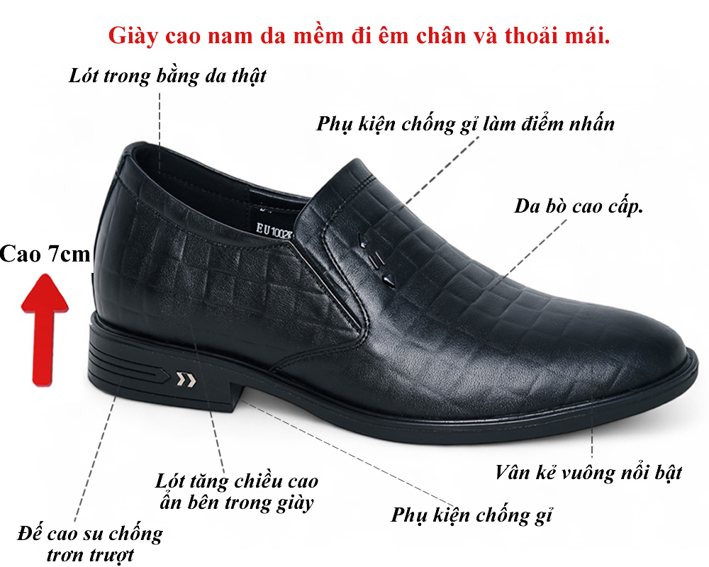 Giày cao nam da sần mềm tăng 7cm