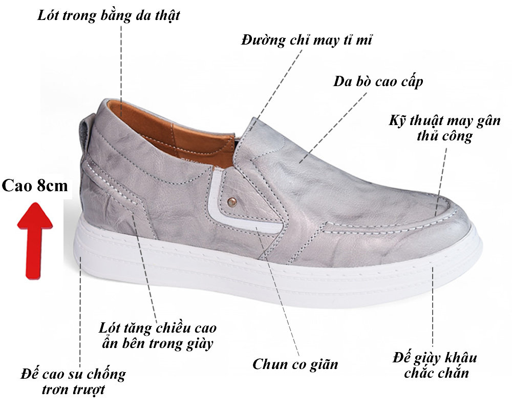 Giày cao thể thao 8cm màu trắng xám