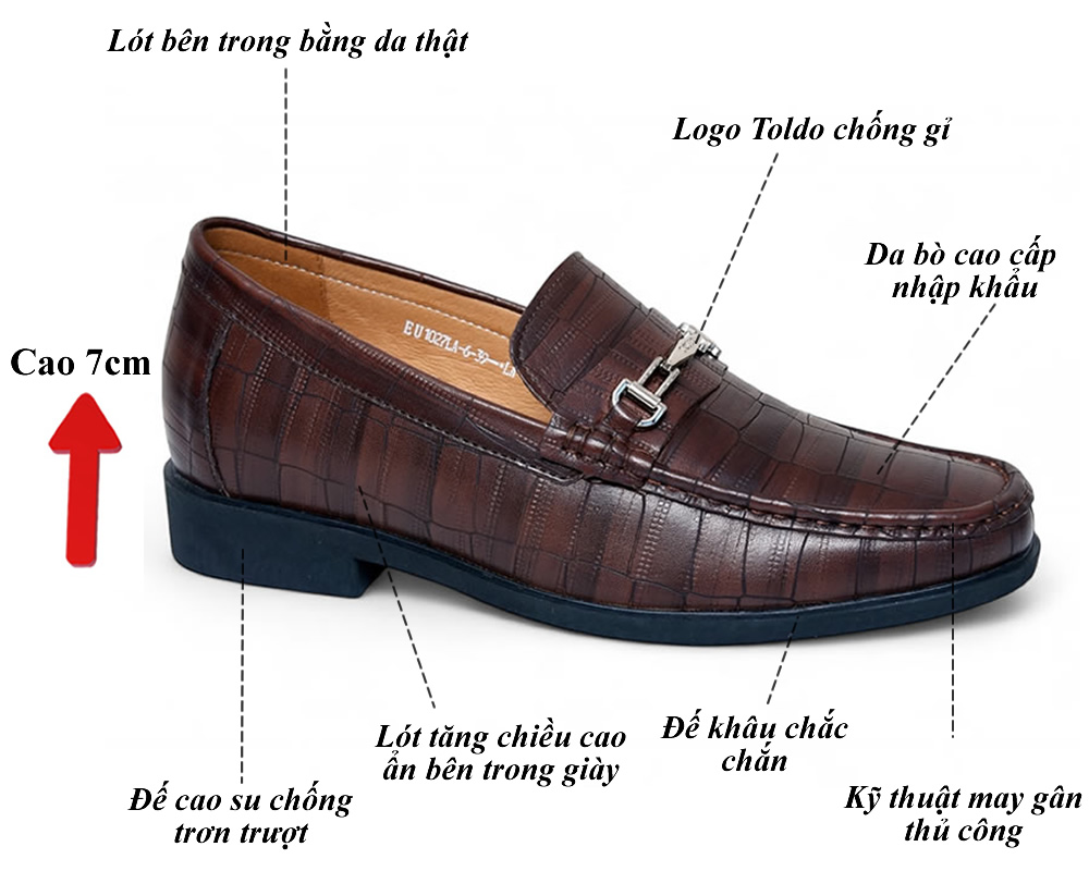 Giày cao nam 7cm vân sá sấu đế khâu