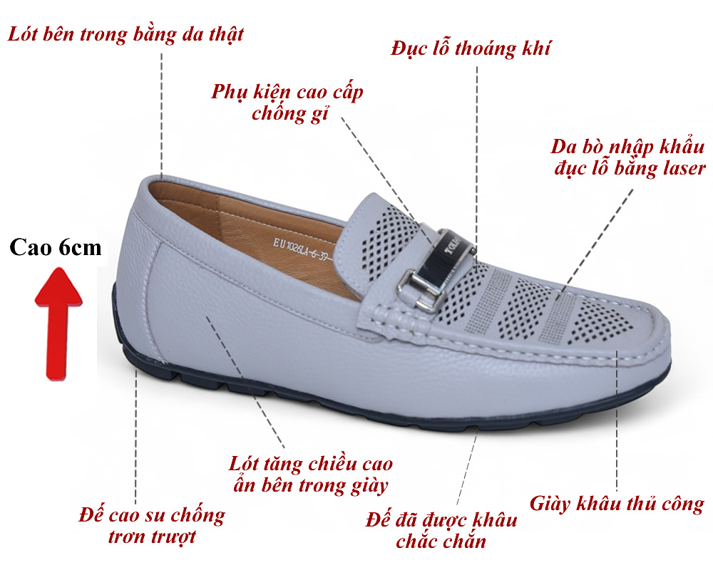 Giày mọi nam tăng 6cm đục lỗ thoáng khí