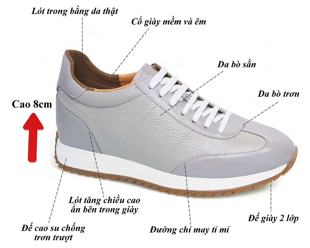 Giày nam thể thao da bò thật cao 8cm