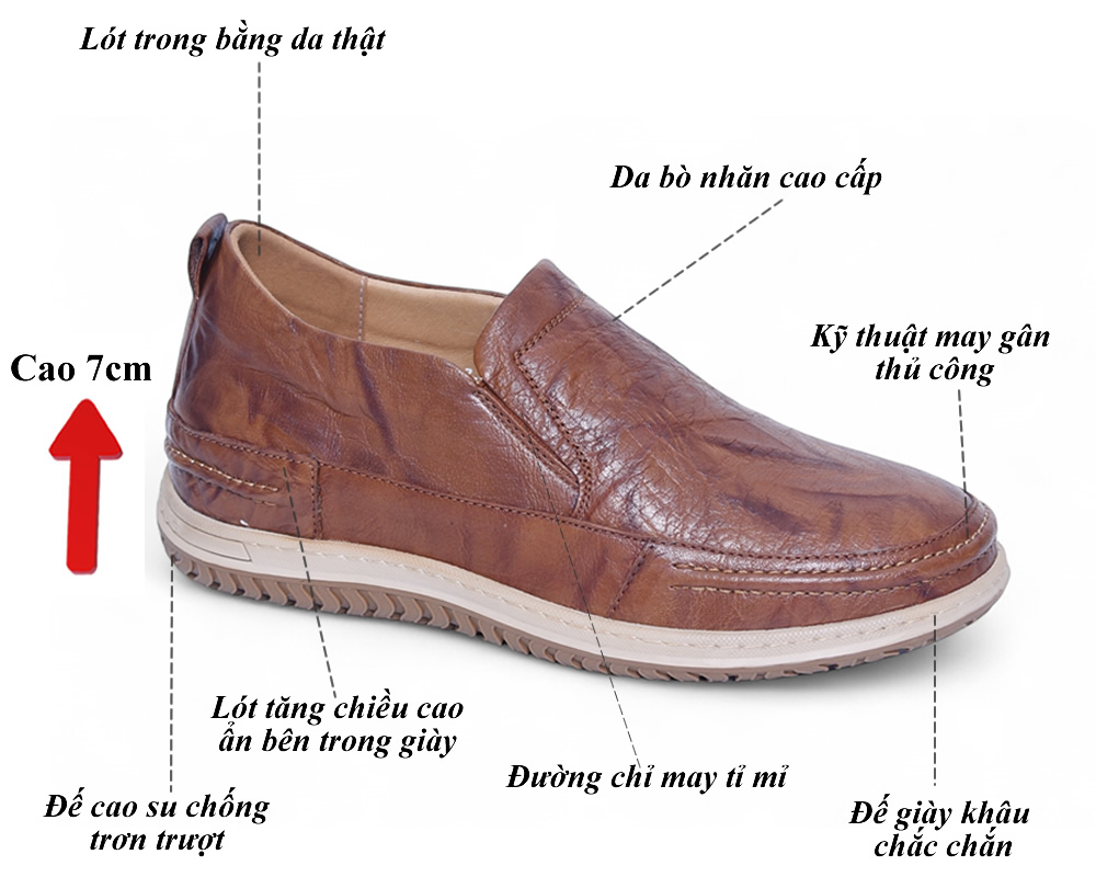 Giày nam tăng 7cm chiều cao da bò thật