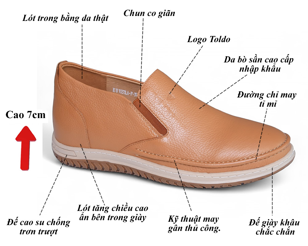 Giày cao nam 7cm đế khâu da mềm