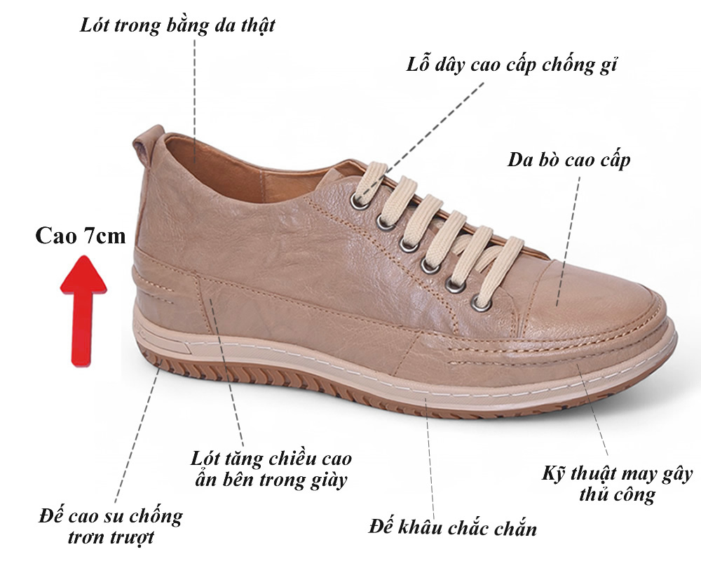 Giày cao nam 7cm màu be khế khâu