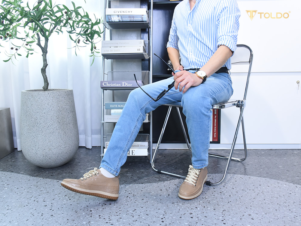 Giày cao nam 7cm màu be khế khâu