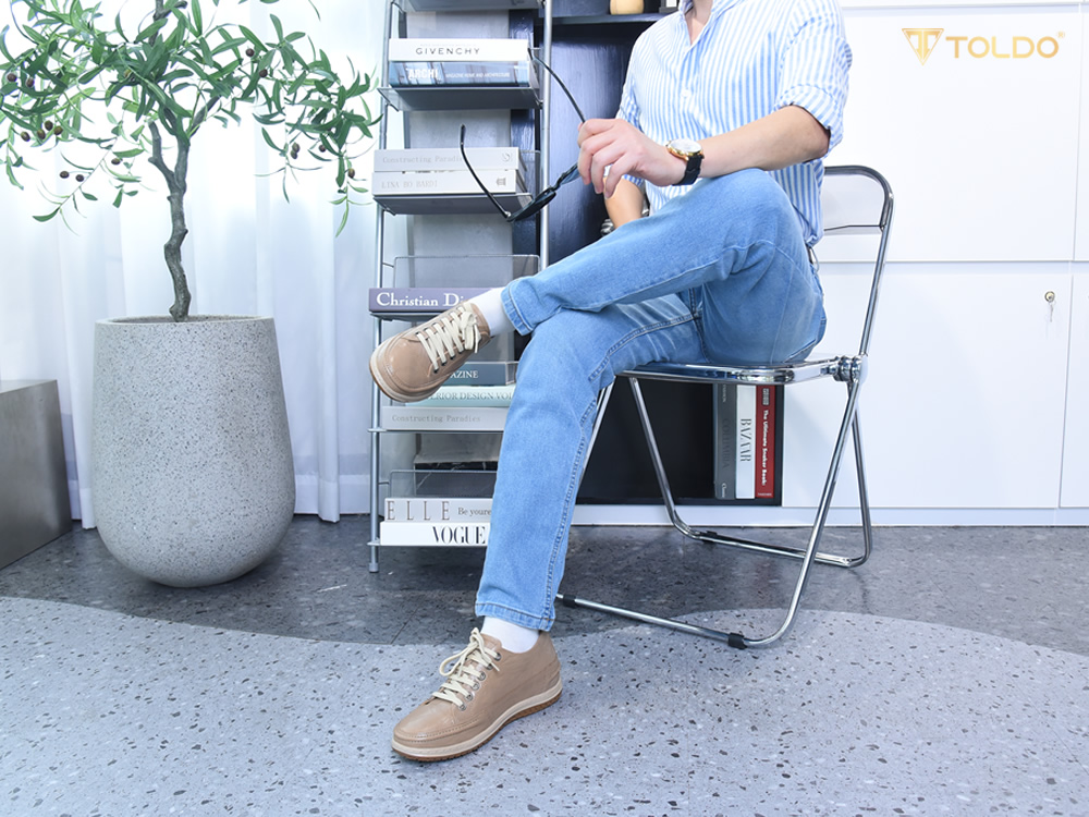 Giày cao nam 7cm màu be khế khâu