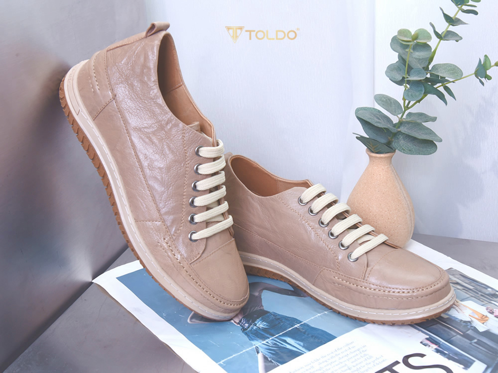 Giày cao nam 7cm màu be khế khâu