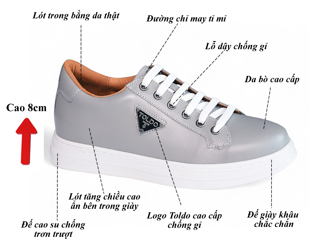 Giày thể thao cao 8cm da thật đế khâu