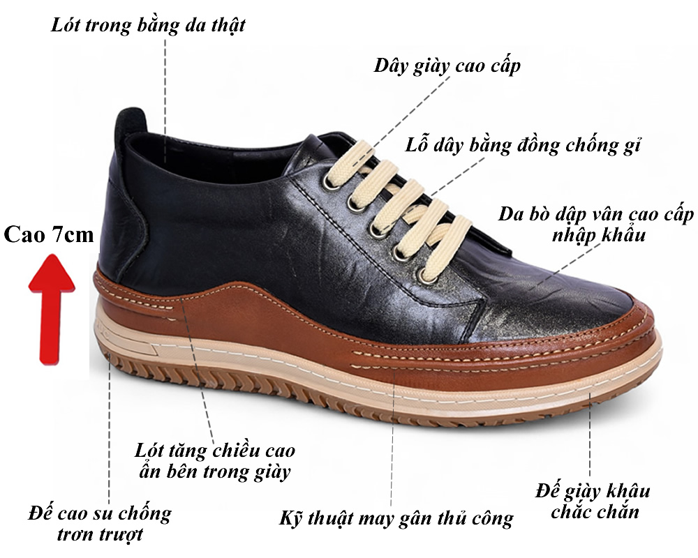 Giày nam tăng 7cm da thật đế khâu