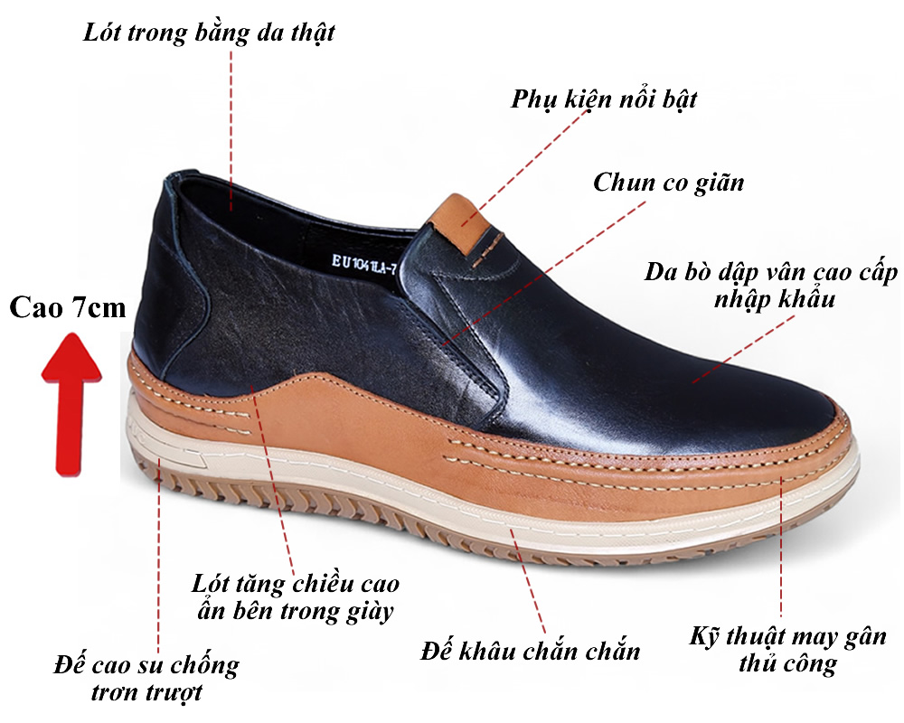Giày nam tăng 7cm chiều cao da thật
