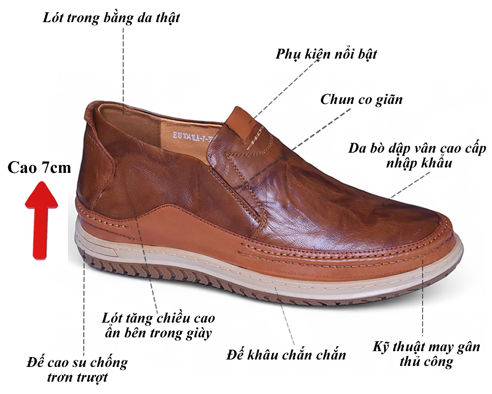 Giày cho nam cao 7cm đế khâu